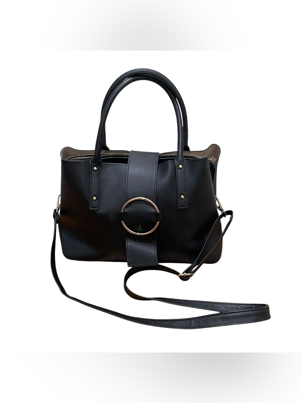 ASOS Design Black Ring Detail Satchel Crossbody Tote Handbag Faux Leather